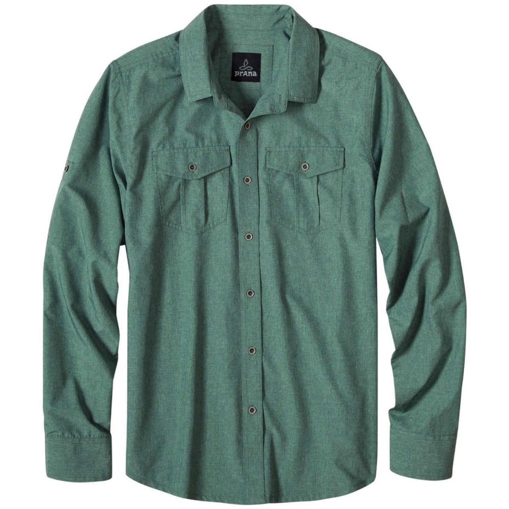 Prana Ascension Long Sleeve Green Mens Shirt Size SML SPF Travel Shirt